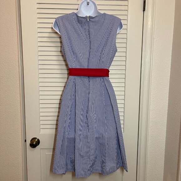 Chetta B Nautical Pinstripe Fit & Flare Dress Red Sash Size 6 - Picture 4 of 10